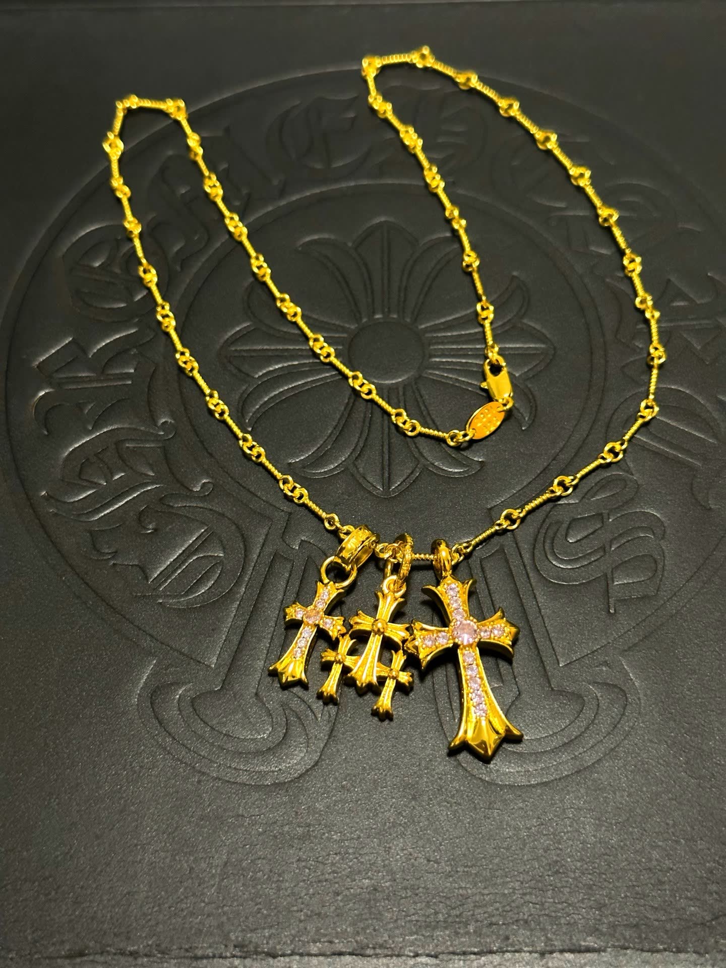 Chrome Hearts Gold Cross Pendant Necklace with Pink Stones